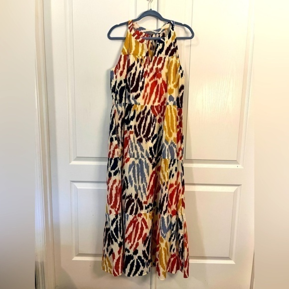 T TAHARI M Multicolor Sleeveless Maxi Dress Abstract Tiered Halter
